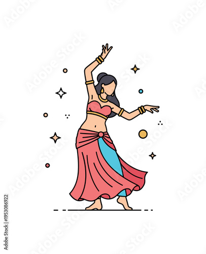 Belly dance techniques with a dancer showcasing flowing torso movements and graceful hand gestures, capturing elegance and cultural expression. Minimalist flat