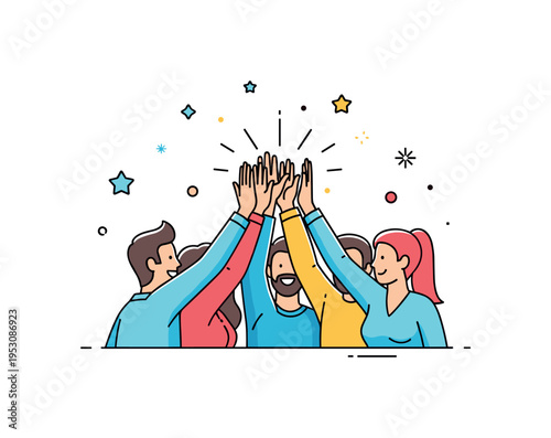 Team celebrating victory with high fives small group of colleagues raising their hands together in the center, subtle confetti and star accents expressing