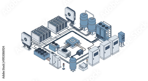 Isometric illustration of a complex industrial system with interconnected machinery and components.