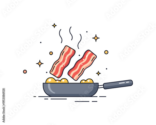Golden bacon fat bubbling in a pan with a few crispy strips, small decorative stars highlighting heat, aroma, and morning cooking routine. Minimalist flat