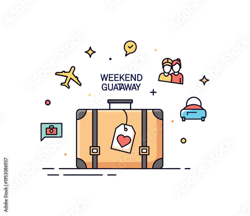 Surprise weekend getaway idea centered on a small suitcase adorned with a heart tag and subtle travel icons floating nearby. A compact editorial concept about