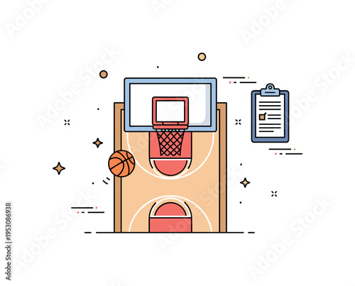 Practice drill on a basketball court emphasizing clean lines of the key and centered hoop. A minimal clipboard icon and subtle motion accents communicate