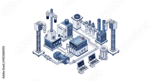 Isometric illustration of a complex industrial system with various machinery and interconnected components.