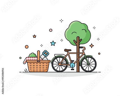 Summer family outing picnic basket paired with a bicycle leaning against a tree. A fresh concept badge about active leisure and wholesome rural adventures.