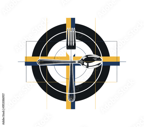 Black and white realistic fork piercing a flat geometric circle representing food, spoon placed beside as balanced counterform, thin grid lines structuring the