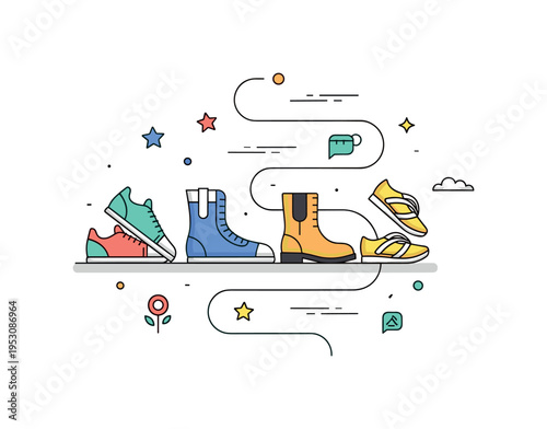 Casual sneakers, boots, and flip-flops walking side by side on a winding path, highlighting diversity in choices while moving together toward a common goal.