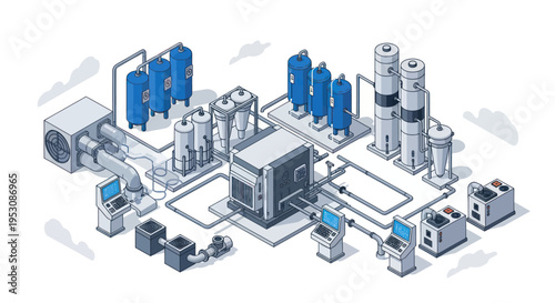 Isometric illustration of a complex industrial water treatment and purification system with various machinery and control panels.