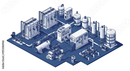 Isometric illustration of a complex industrial water treatment system with various components.