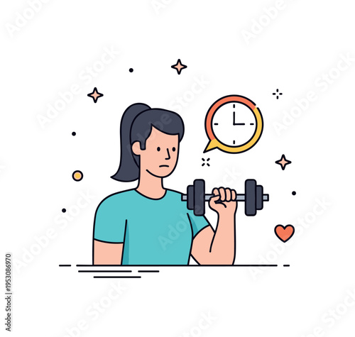 Home dumbbell workout featuring a focused person performing a bicep curl with a single dumbbell while a small clock icon nearby suggests short efficient