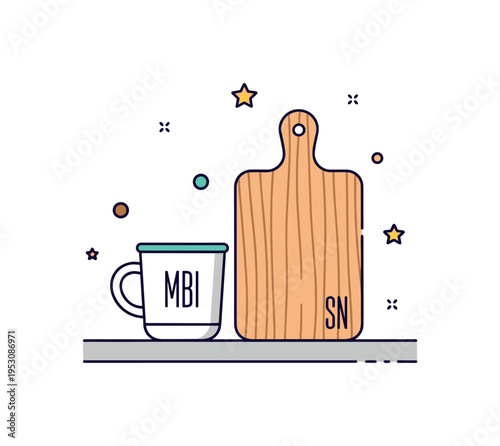 Monogrammed kitchenware elegant mug and cutting board engraved with initials placed neatly on a countertop, suggesting thoughtful gifting and everyday charm. A