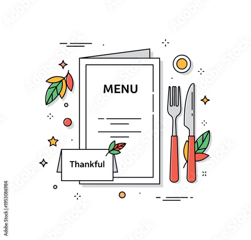 Seasonal menu card arrangement centered on a small place card labeled Thankful beside cutlery and leaf accents. The scene highlights thoughtful preparation and