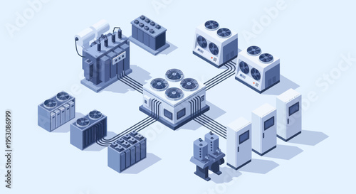 Isometric illustration of a data center network with various server racks and cooling units.