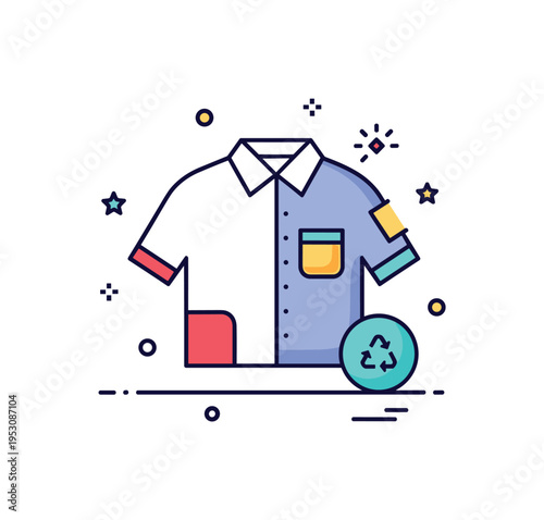 Second life clothing transformation showing a plain shirt partially redesigned with bold patch accents and a tiny spark icon, symbolizing creative reinvention.