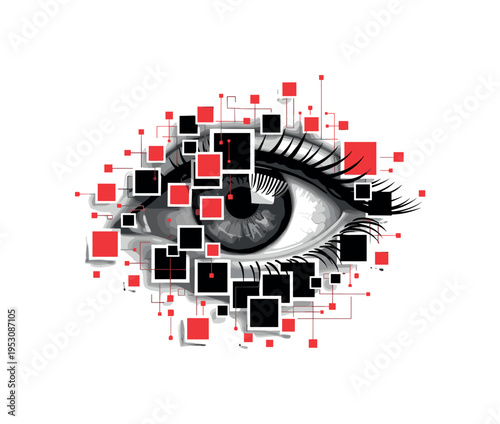 Close-up monochrome eye partially covered by pixelated blocks, surrounded by small red square accents and thin grid lines referencing cybersecurity systems,
