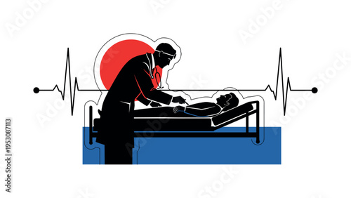 Black and white retro-style doctor silhouette leaning over a patient on a hospital bed, bold red circular accent behind the upper body symbolizing urgency,