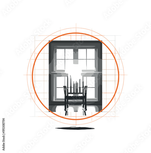 Monochrome symmetrical composition of a fireplace with mantel and framed art above, integrated into an orange circular frame with fine linear grid structure