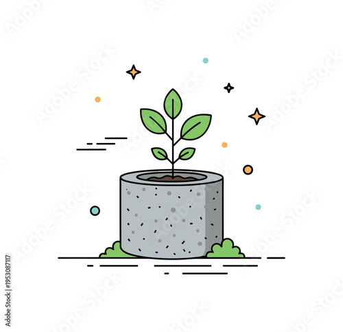 Concrete planters featuring a minimalist cylindrical pot with a small leafy plant growing from textured gray surface, expressing modern urban gardening and