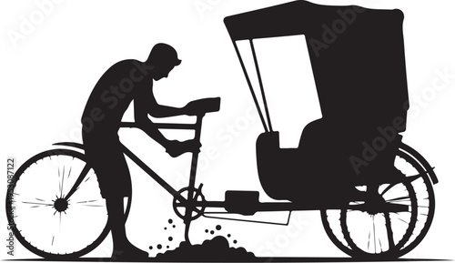 Black silhouette of man pushing rickshaw with passenger seat