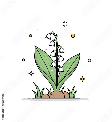 Lily of the valley depicted growing in a small woodland patch with gentle sunlight filtering through leaves, highlighting fragility and natural beauty.