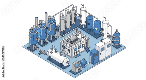 Isometric Illustration of an Industrial Water Treatment Plant.