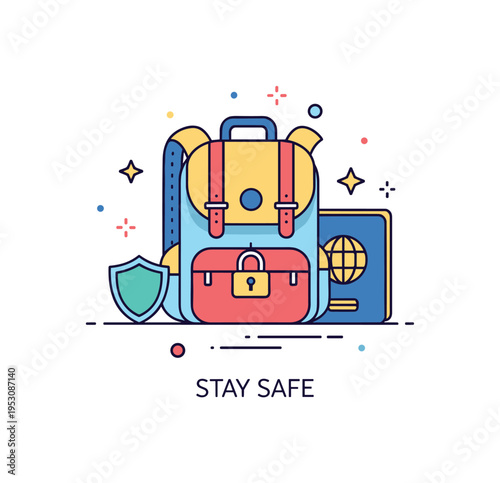 Travel safety essentials for tourists featuring a secure backpack with visible lock and passport icon neatly arranged beside it. A small shield symbol and