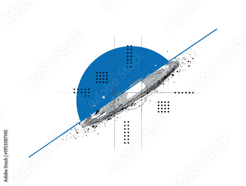 Monochrome close-up of a galaxy core with dense star concentration, intersected by a large blue semicircle symbolizing gravitational force and thin vertical