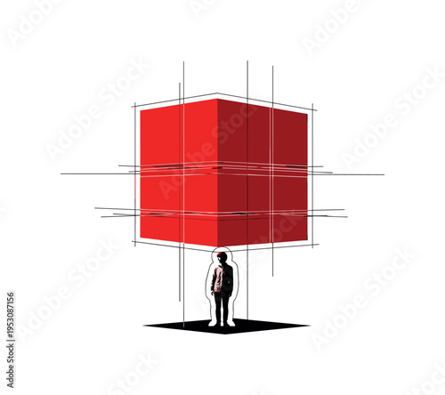 Monochrome silhouette of a small figure beneath an oversized red geometric block looming above, intersected by thin structured grid lines representing pressure