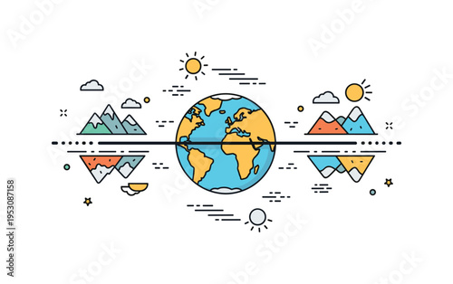Earth equator division concept featuring a horizontal line cutting across a simplified globe, with mirrored landscape icons above and below to express climatic