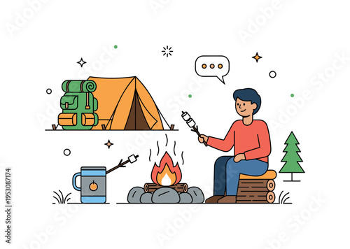 Camping evening with a person and a small backpacking tent in the background, roasting marshmallows while speaking to unseen friends around the campfire,