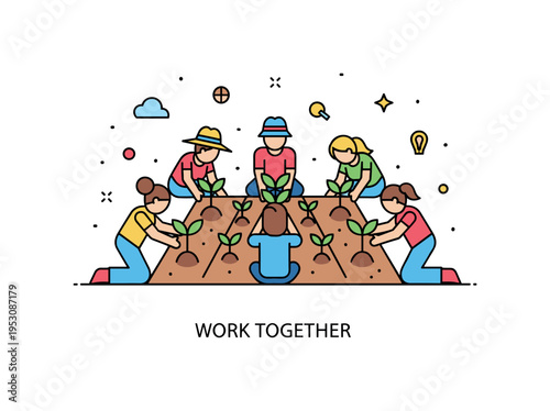 Community farming initiative concept centered on a group of simplified figures planting seedlings together in one unified plot, symbolizing cooperation and