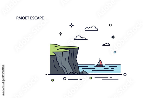 Remote coastal escape concept featuring a rugged cliff silhouette overlooking calm horizon lines and a small distant sailboat, expressing tranquility and