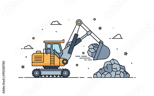 Hydraulic mining shovel action illustrated by a powerful arm extending toward a rock pile, with subtle motion lines expressing force and mechanical precision.