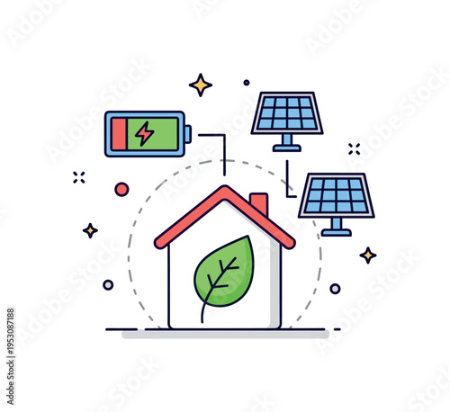 Energy efficient smart home small house icon with leaf symbol and connected solar panel and battery icons, representing sustainable automation. A thoughtful