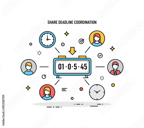 Shared deadline coordination showing a central countdown timer surrounded by small clocks and connected avatars, reflecting synchronized effort toward a common