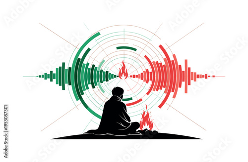 Black and white silhouette wrapped in a blanket listening to a fire, abstract circular sound waves expanding from the flames, emerald green and warm red flat