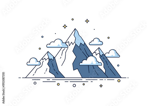 Snow-capped mountain range with clouds floating gently around the summits, evoking tranquility and majestic beauty in a minimal, clean style. Minimalist flat