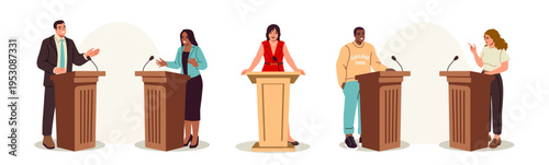 Set Political Debates. Male and female candidates speaking behind desks and compete with their opponent for leadership. Characters Calling To Vote For Them. Flat vector illustration collection