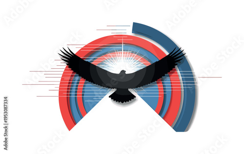 Silhouette-style black eagle with wings spread wide, surrounded by overlapping red and blue semicircles and fine horizontal motion lines, central flash of