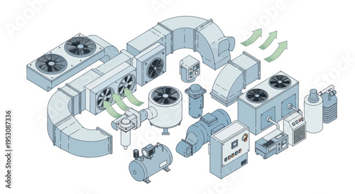Isometric illustration of various HVAC system components and ventilation equipment.