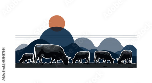A black and white silhouette of grazing cattle in the foreground, realistic texture combined with bold geometric semicircles rising behind as abstract mountain