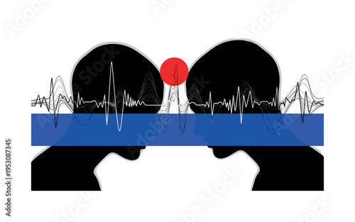 Two black and white silhouettes leaning toward each other, foreheads nearly touching, bold blue horizontal bar anchoring composition, red circular accent above