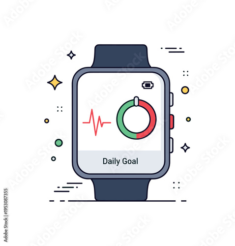 Personal fitness analytics screen showing a simplified smartwatch display with pulse line and daily goal progress circle, symbolizing wearable technology and