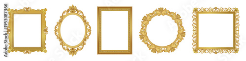 Realistic picture frames set. Vintage gold museum borders for paintings and photo at art exhibition. Round and square antique ornate frames. Flat vector illustration collection isolated on background