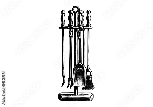 Vintage fireplace tool set with shovel, brush, tongs, poker, and stand