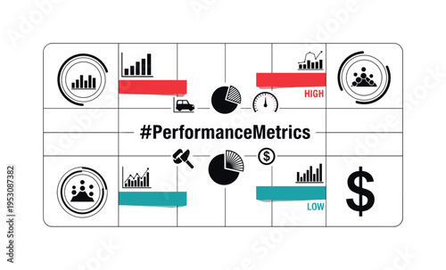 Black and white dashboard-style composition with central hashtag surrounded by metric icons, structured grid lines and circular data charts integrated into the