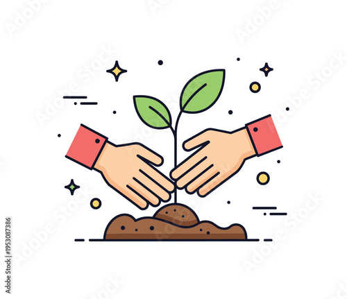 Tree planting volunteer action showing simplified hands carefully placing a seedling into soil, expressing community involvement and environmental