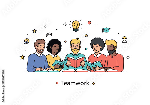 Peer learning concept with diverse students seated closely, sharing books and exchanging ideas in a supportive environment. A subtle ?Teamwork? text accent and