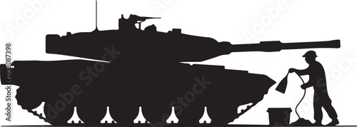 Black silhouette of man refueling tank military tank