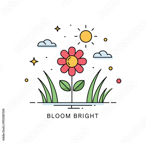 Sunny meadow illustration highlighting a large flower with simple grass blades and a bright sun accent above, communicating warmth and seasonal beauty. A