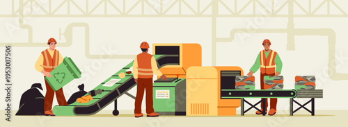 Garbage recycling conveyor. Waste recycling center employees sort and compress trash on conveyor belt. Rubbish assembly line. Caring for nature and environment. Flat vector illustration